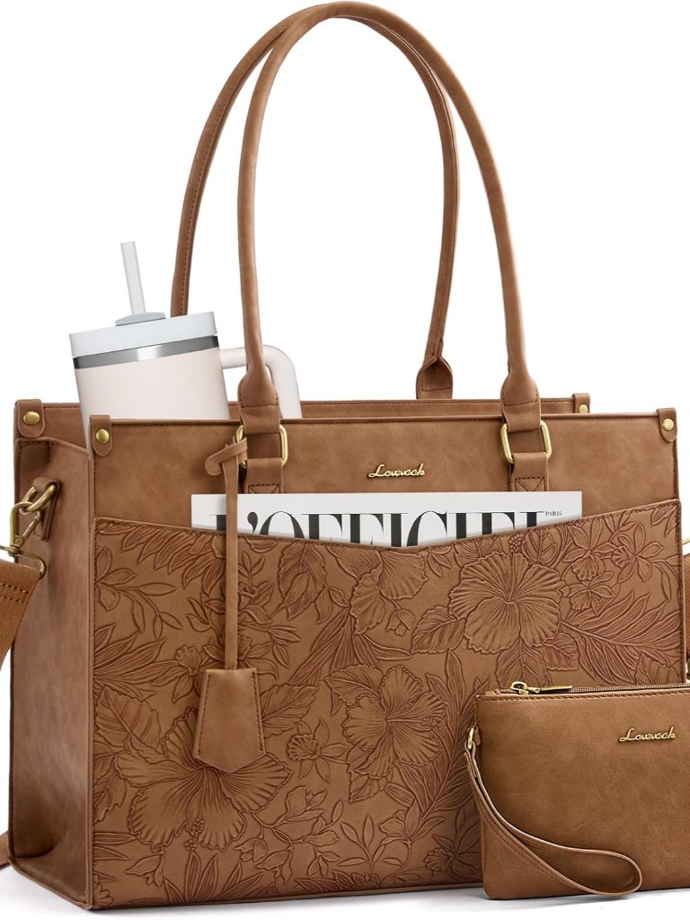 Laptop Bag For Women, 2-In-1 Tote Purse With Clutch & Cup Holder, Waterproof Bri